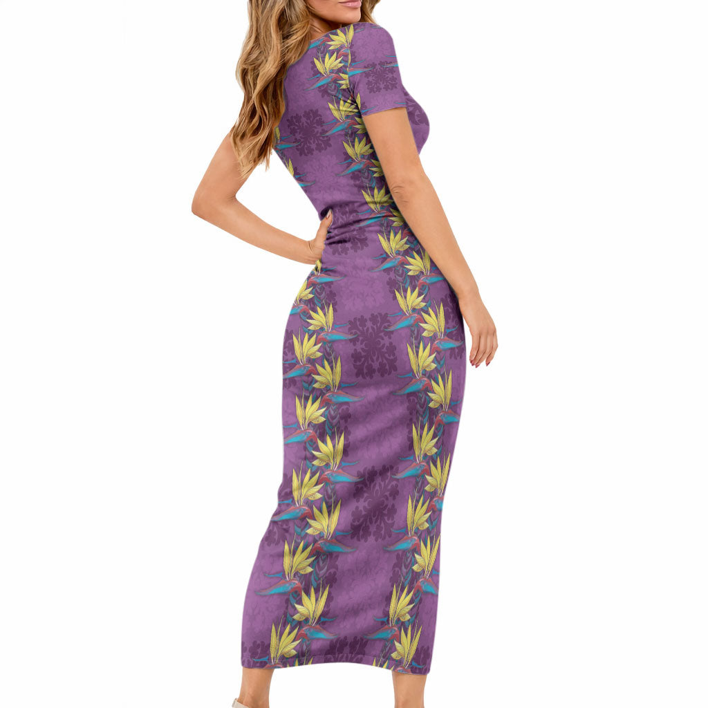 Hawaii Waikiki King Short Sleeve Bodycon Dress Purple Quilt With Pua Manu LT05 - Polynesian Pride