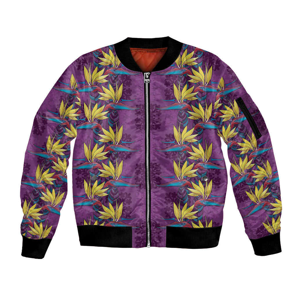Hawaii Waikiki King Sleeve Zip Bomber Jacket Purple Quilt With Pua Manu LT05 Unisex Purple - Polynesian Pride