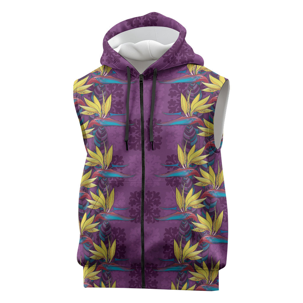 Hawaii Waikiki King Sleeveless Zip Hoodie Purple Quilt With Pua Manu LT05 Purple - Polynesian Pride