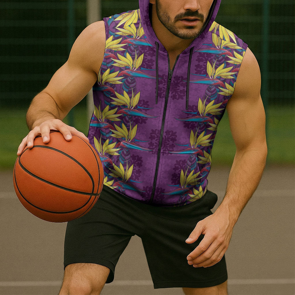Hawaii Waikiki King Sleeveless Zip Hoodie Purple Quilt With Pua Manu LT05 - Polynesian Pride