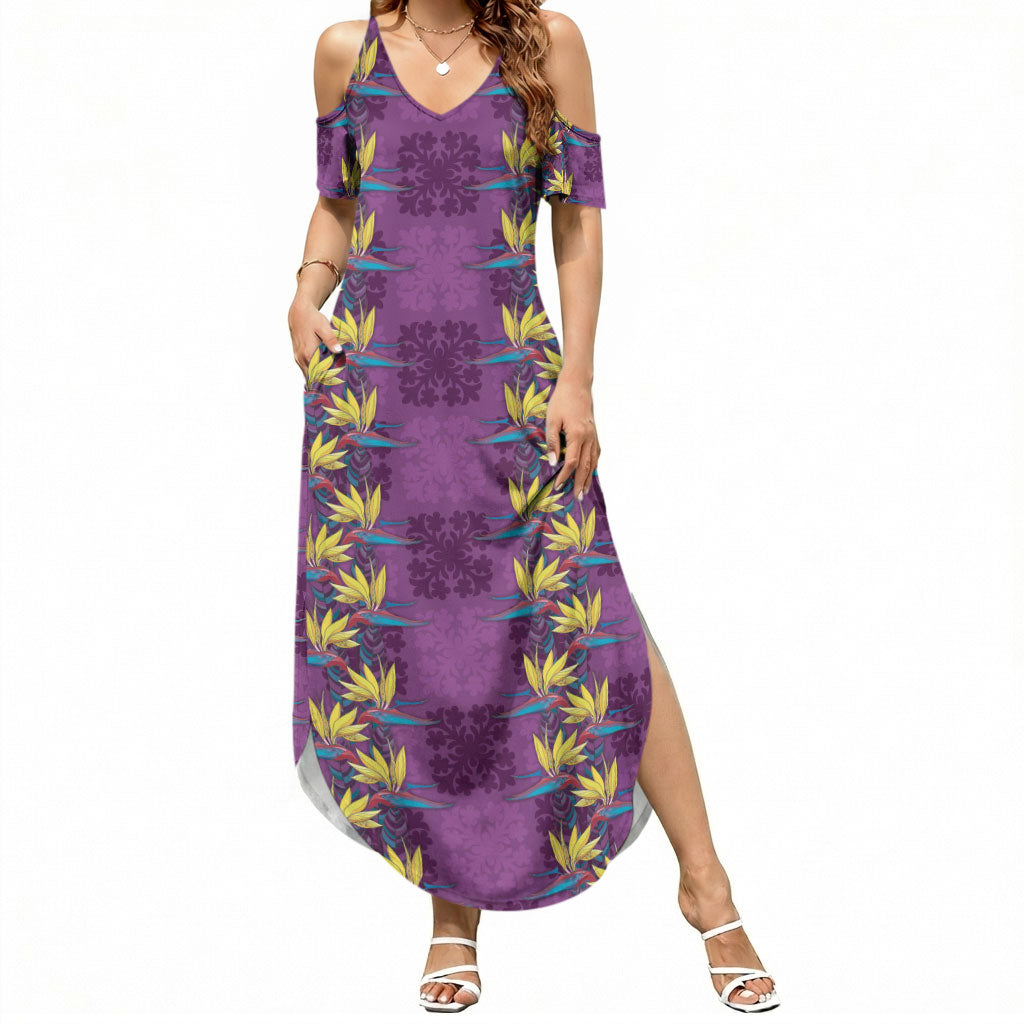 Hawaii Waikiki King Summer Maxi Dress Purple Quilt With Pua Manu LT05 Women Purple - Polynesian Pride