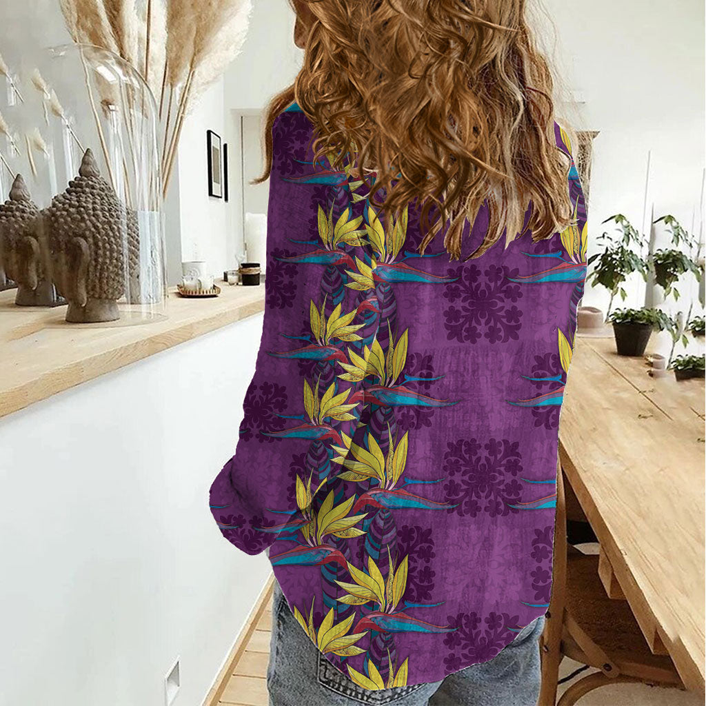 Hawaii Waikiki King Women Casual Shirt Purple Quilt With Pua Manu LT05 - Polynesian Pride