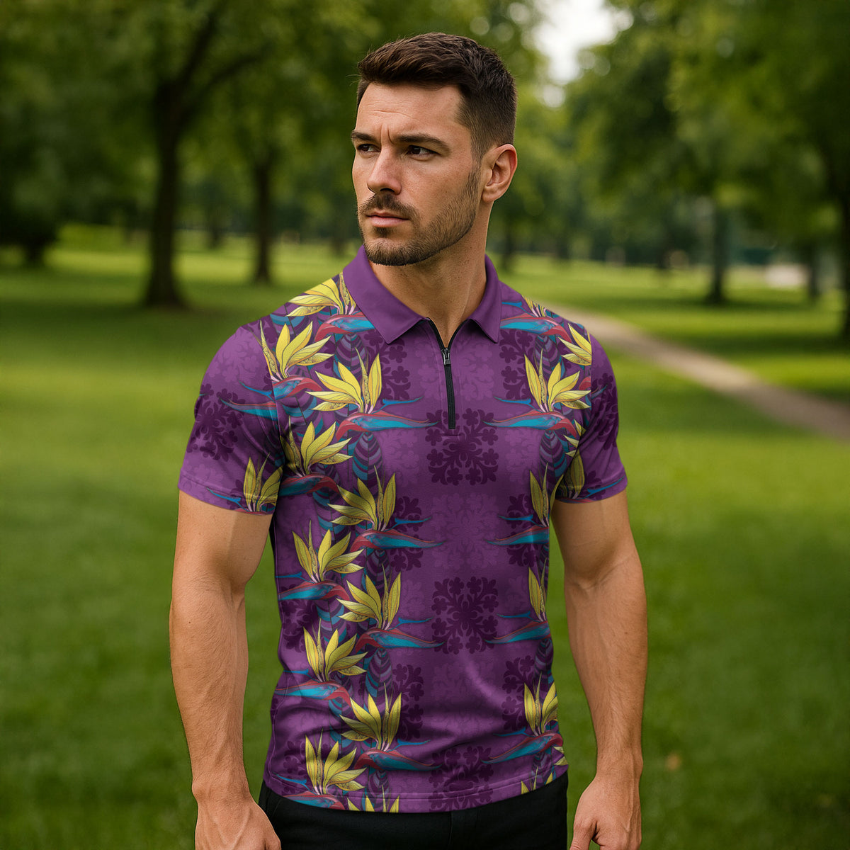 Hawaii Waikiki King Zipper Polo Shirt Purple Quilt With Pua Manu LT05 - Polynesian Pride