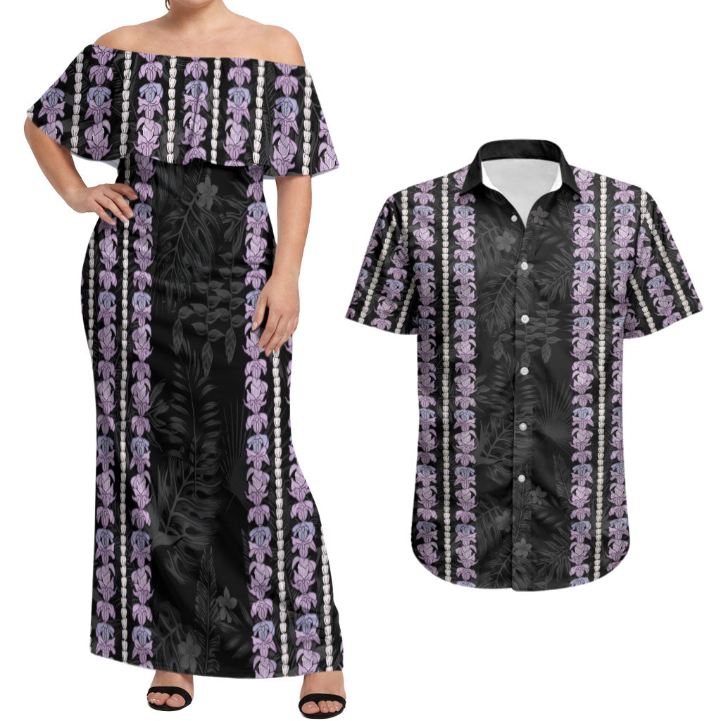 Hawaii Queen Liliuokalani Couples Matching Off Shoulder Maxi Dress and Hawaiian Shirt Hawaiian Lei Pua Kalaunu LT05 Black - Polynesian Pride