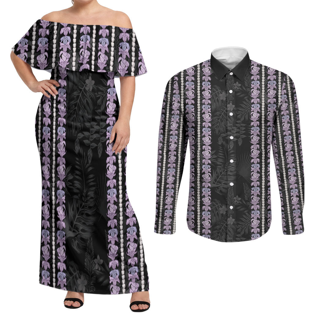 Hawaii Queen Liliuokalani Couples Matching Off Shoulder Maxi Dress and Long Sleeve Button Shirt Hawaiian Lei Pua Kalaunu LT05 Black - Polynesian Pride