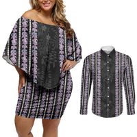 Hawaii Queen Liliuokalani Couples Matching Off Shoulder Short Dress and Long Sleeve Button Shirt Hawaiian Lei Pua Kalaunu LT05 Black - Polynesian Pride