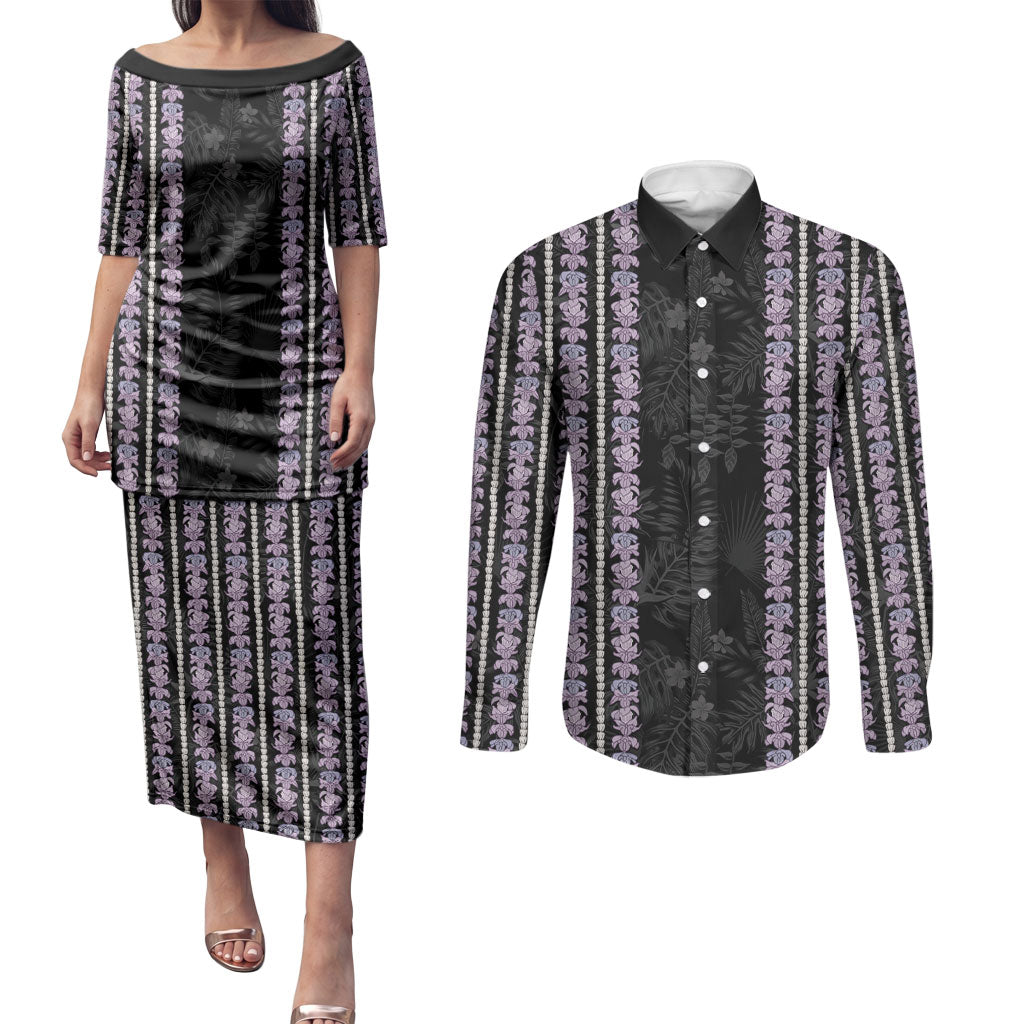 Hawaii Queen Liliuokalani Couples Matching Puletasi and Long Sleeve Button Shirt Hawaiian Lei Pua Kalaunu LT05 Black - Polynesian Pride