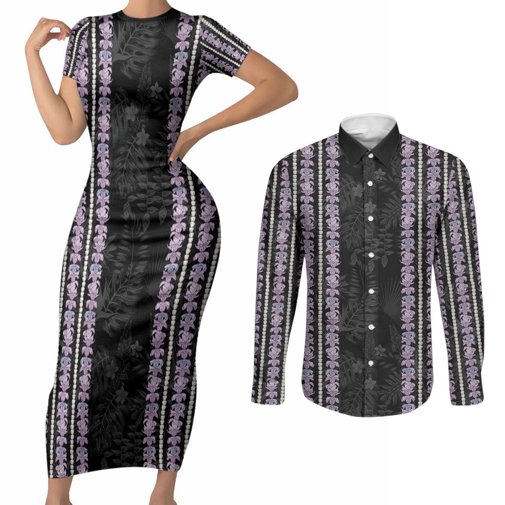 Hawaii Queen Liliuokalani Couples Matching Short Sleeve Bodycon Dress and Long Sleeve Button Shirt Hawaiian Lei Pua Kalaunu LT05 Black - Polynesian Pride