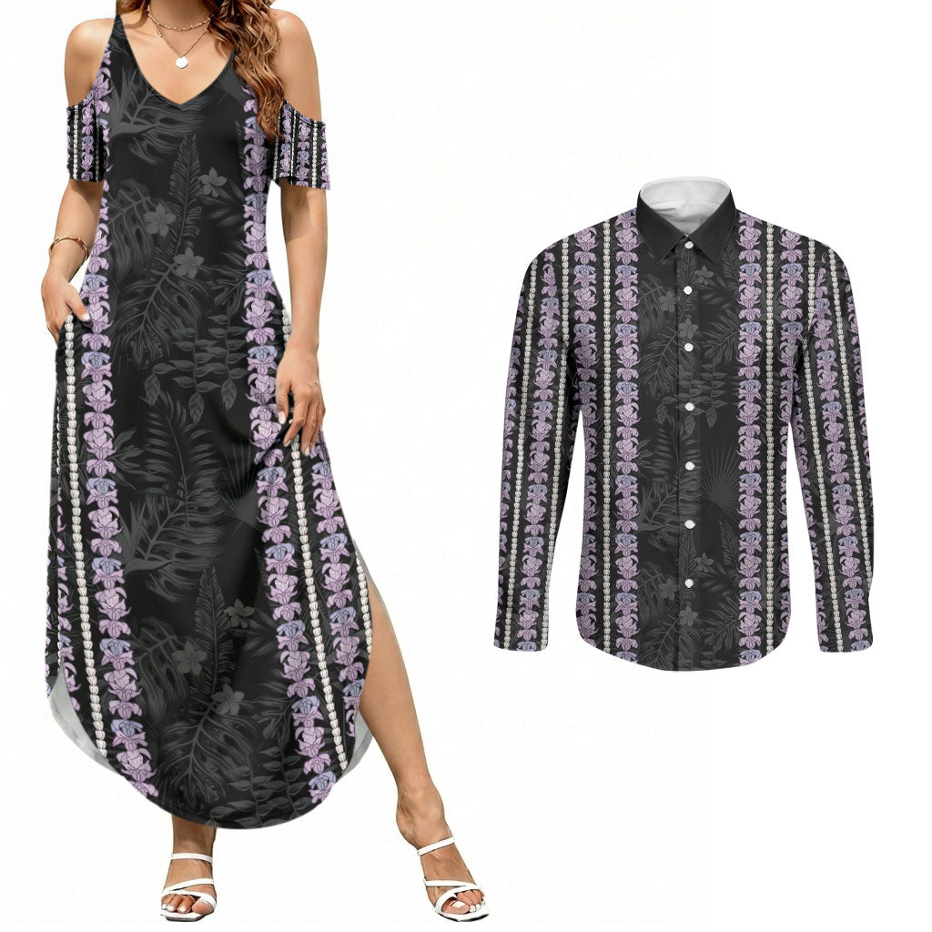 Hawaii Queen Liliuokalani Couples Matching Summer Maxi Dress and Long Sleeve Button Shirt Hawaiian Lei Pua Kalaunu LT05 Black - Polynesian Pride