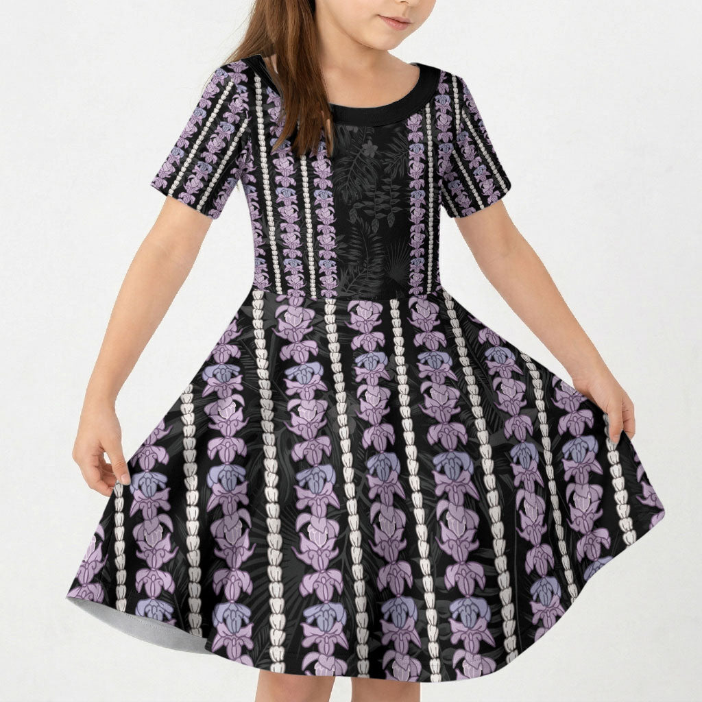 Hawaii Queen Liliuokalani Kid Short Sleeve Dress Hawaiian Lei Pua Kalaunu LT05 KID Black - Polynesian Pride