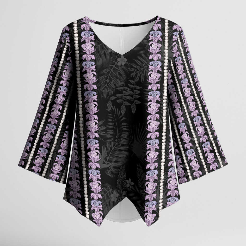 Hawaii Queen Liliuokalani Kimono Sleeve Blouse Hawaiian Lei Pua Kalaunu LT05 Female Black - Polynesian Pride