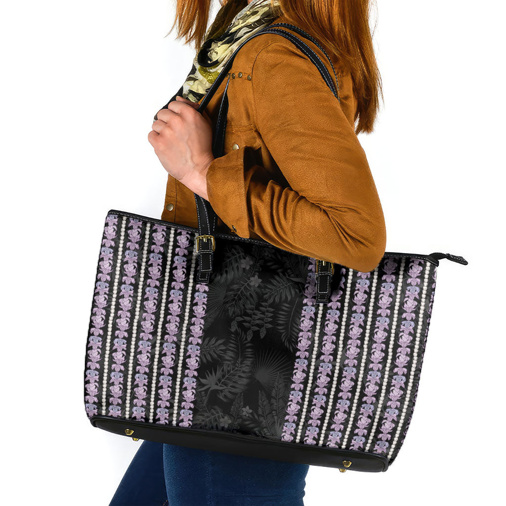 Hawaii Queen Liliuokalani Leather Tote Bag Hawaiian Lei Pua Kalaunu LT05 Black - Polynesian Pride