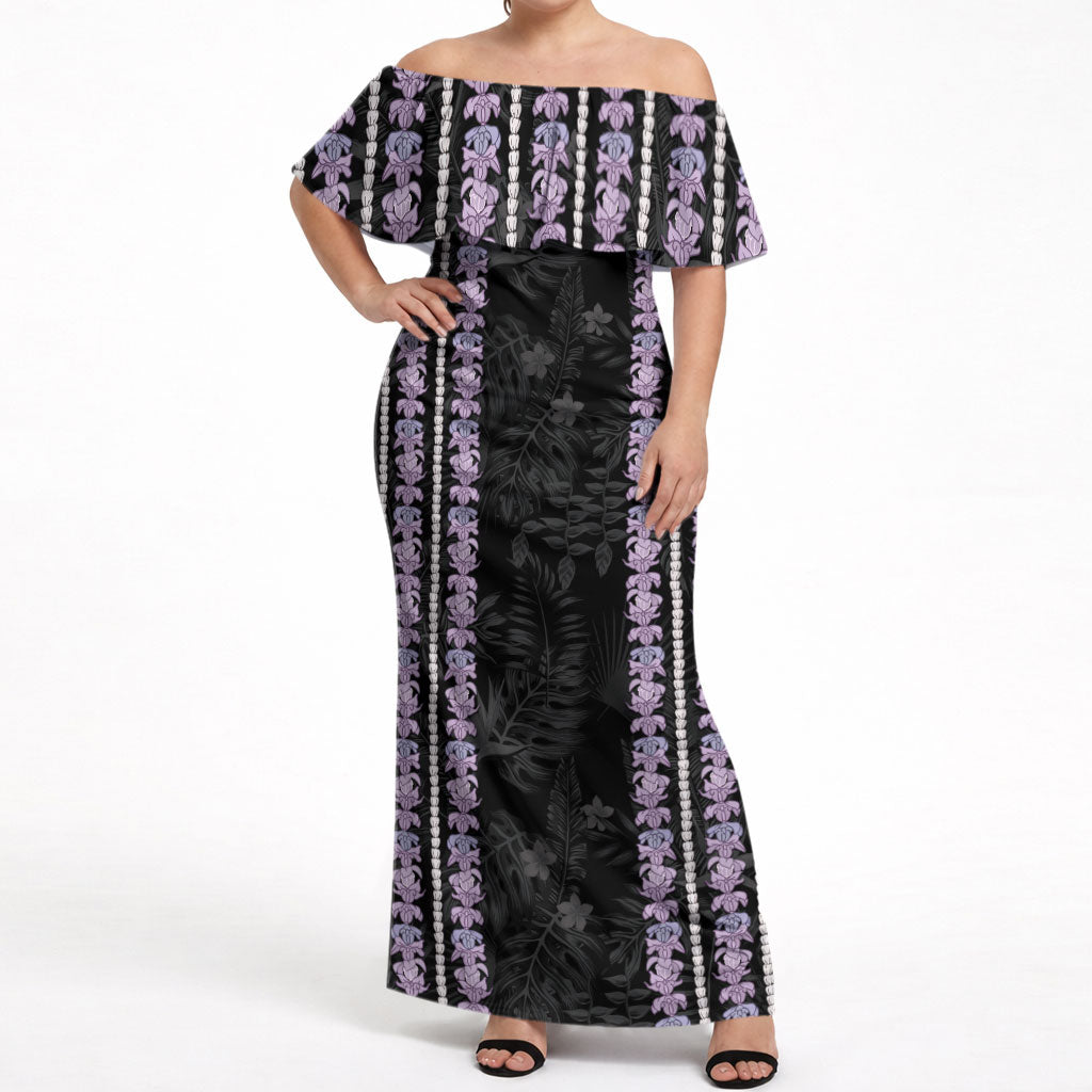 Hawaii Queen Liliuokalani Off Shoulder Maxi Dress Hawaiian Lei Pua Kalaunu LT05 Women Black - Polynesian Pride