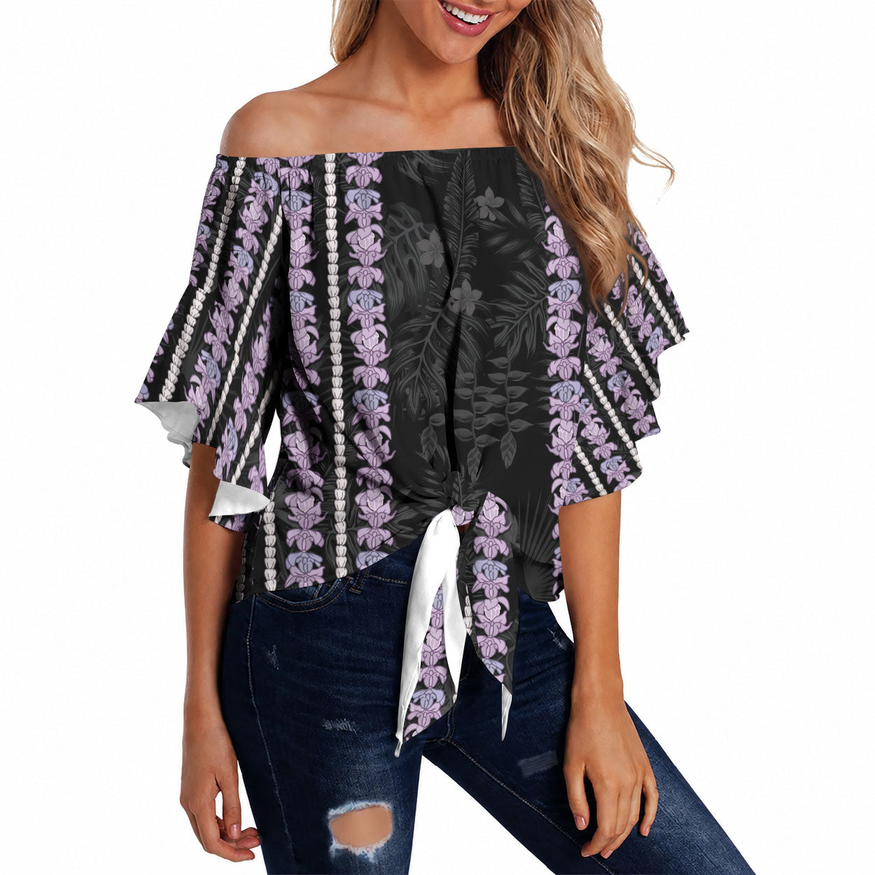 Hawaii Queen Liliuokalani Off Shoulder Wrap Waist Top Hawaiian Lei Pua Kalaunu LT05 Black - Polynesian Pride