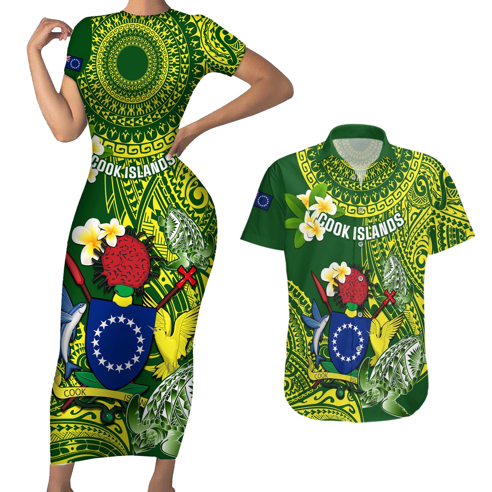 Personalized Cook Islands Couples Matching Short Sleeve Bodycon Dress and Hawaiian Shirt Coat Of Arms Plumeria Polynesian Turtle LT05 Green - Polynesian Pride