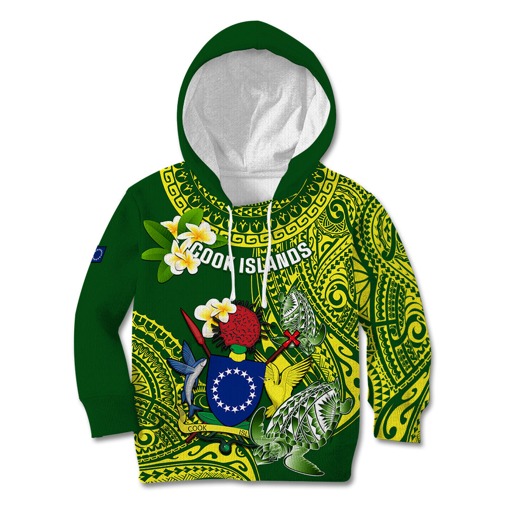 Personalized Cook Islands Kid Hoodie Coat Of Arms Plumeria Polynesian Turtle LT05 Hoodie Green - Polynesian Pride