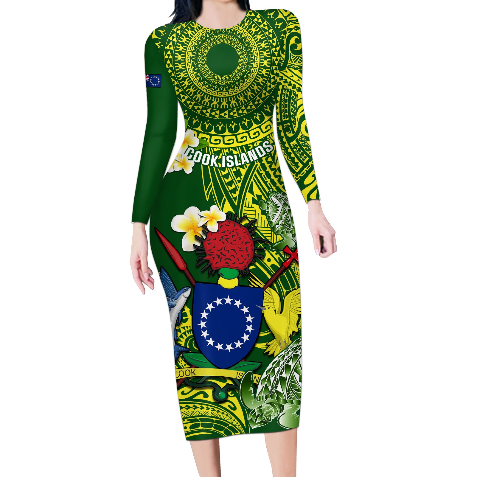 Personalized Cook Islands Long Sleeve Bodycon Dress Coat Of Arms Plumeria Polynesian Turtle LT05 Long Dress Green - Polynesian Pride