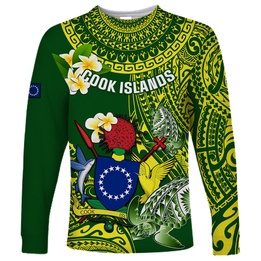 Personalized Cook Islands Long Sleeve Shirt Coat Of Arms Plumeria Polynesian Turtle LT05 Unisex Green - Polynesian Pride