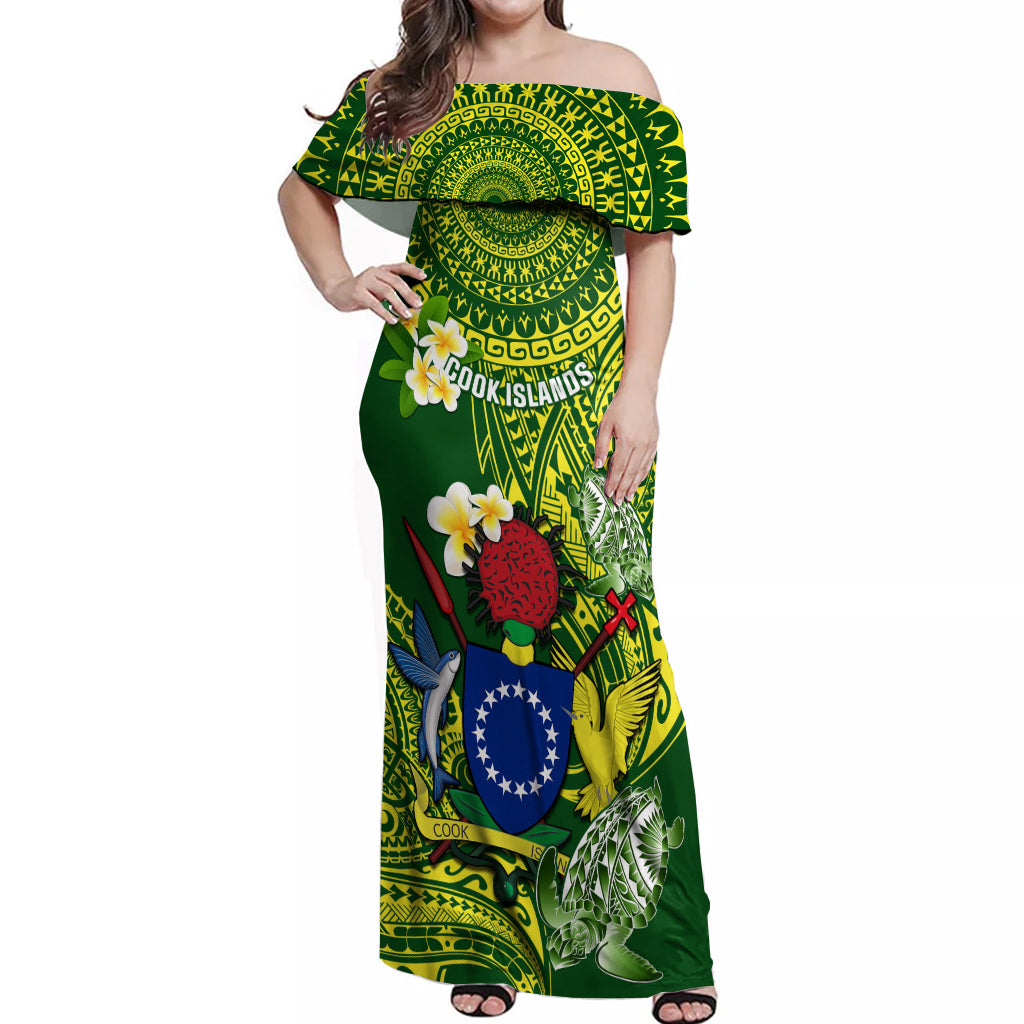 Personalized Cook Islands Off Shoulder Maxi Dress Coat Of Arms Plumeria Polynesian Turtle LT05 Women Green - Polynesian Pride