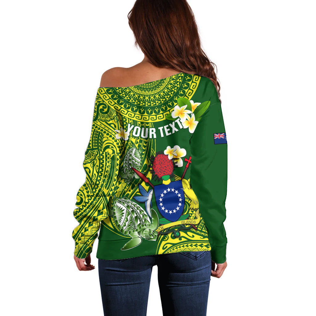 Personalized Cook Islands Off Shoulder Sweater Coat Of Arms Plumeria Polynesian Turtle LT05 - Polynesian Pride
