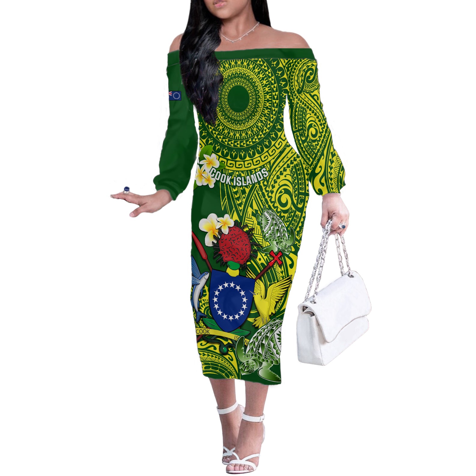 Personalized Cook Islands Off The Shoulder Long Sleeve Dress Coat Of Arms Plumeria Polynesian Turtle LT05 Women Green - Polynesian Pride