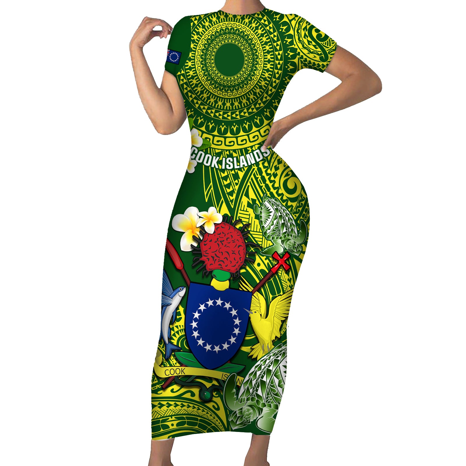 Personalized Cook Islands Short Sleeve Bodycon Dress Coat Of Arms Plumeria Polynesian Turtle LT05 Long Dress Green - Polynesian Pride