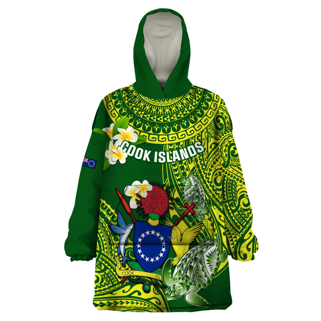 Personalized Cook Islands Wearable Blanket Hoodie Coat Of Arms Plumeria Polynesian Turtle LT05 One Size Green - Polynesian Pride