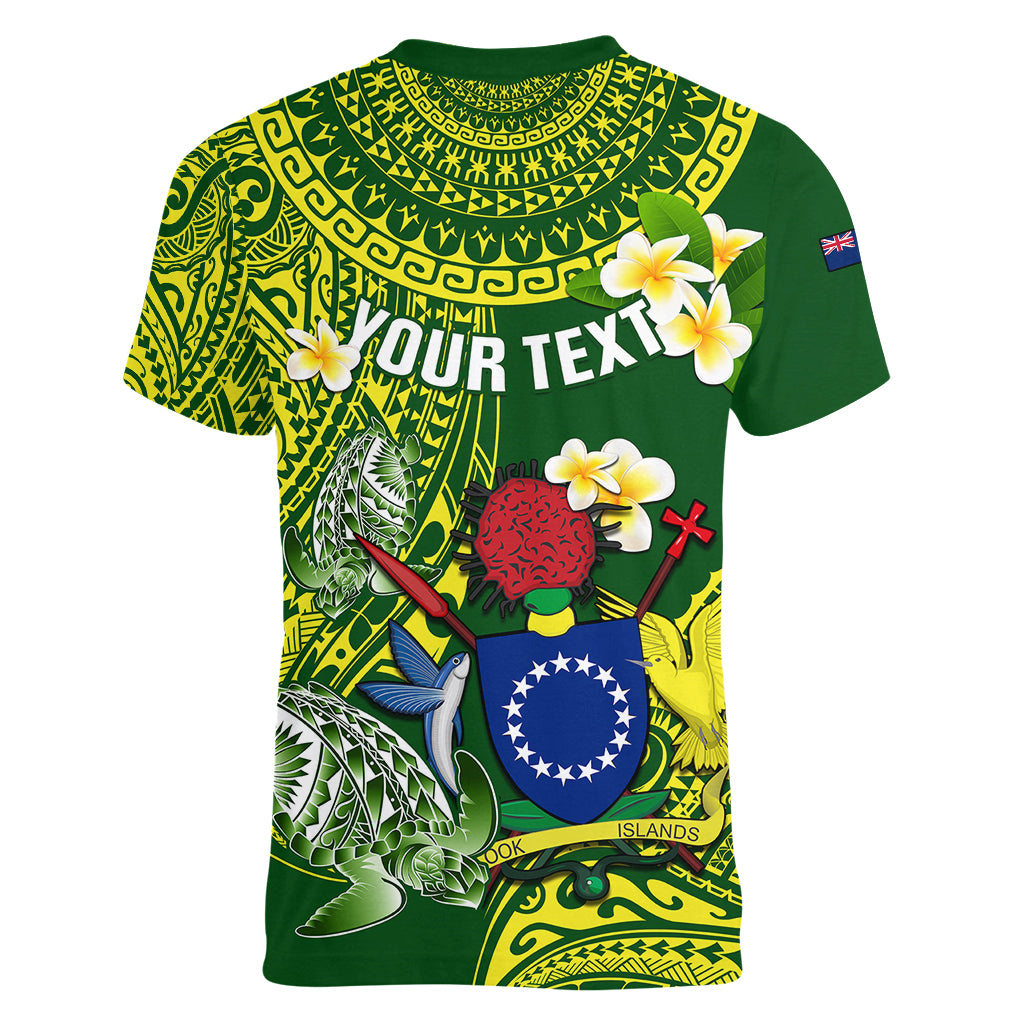 Personalized Cook Islands Women V Neck T Shirt Coat Of Arms Plumeria Polynesian Turtle LT05 - Polynesian Pride