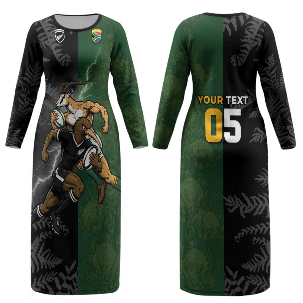 Custom South Africa And New Zealand Couples Matching Long Sleeve Bodycon Dress and Hawaiian Shirt Springboks And Kiwis Rugby Rivalry