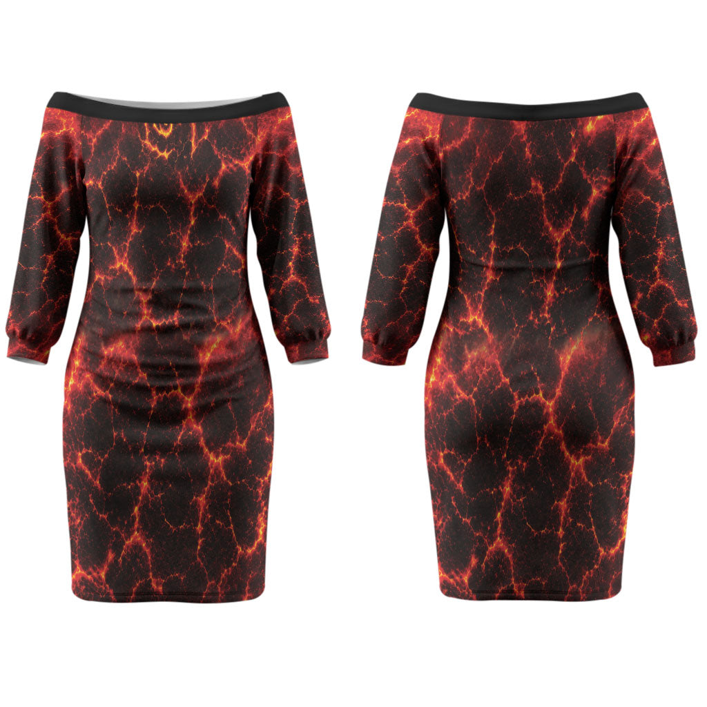 Lava Monster Costume Couples Matching Off The Shoulder Long Sleeve Dress and Long Sleeve Button Shirt Fiery Lava Spiral