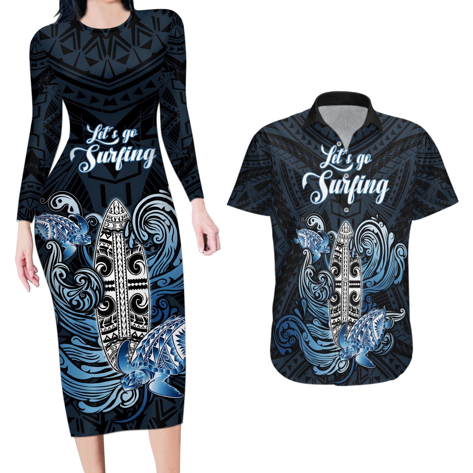 Personalised Polynesia Go Surfing Couples Matching Long Sleeve Bodycon Dress and Hawaiian Shirt The Pacific Wave Of Water LT05 Blue - Polynesian Pride