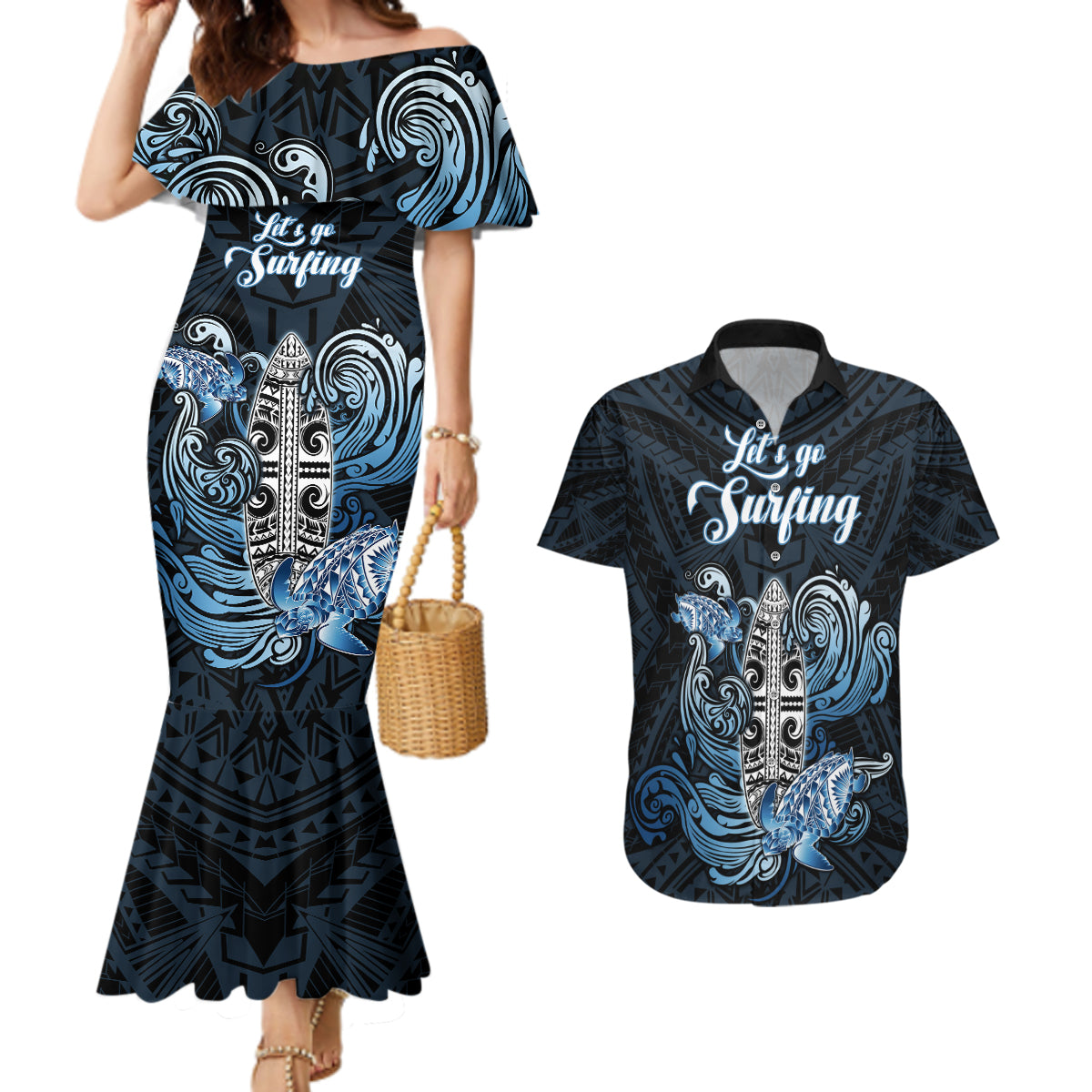 Personalised Polynesia Go Surfing Couples Matching Mermaid Dress and Hawaiian Shirt The Pacific Wave Of Water LT05 Blue - Polynesian Pride