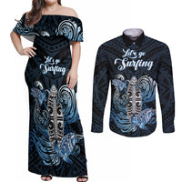 Personalised Polynesia Go Surfing Couples Matching Off Shoulder Maxi Dress and Long Sleeve Button Shirt The Pacific Wave Of Water LT05 Blue - Polynesian Pride