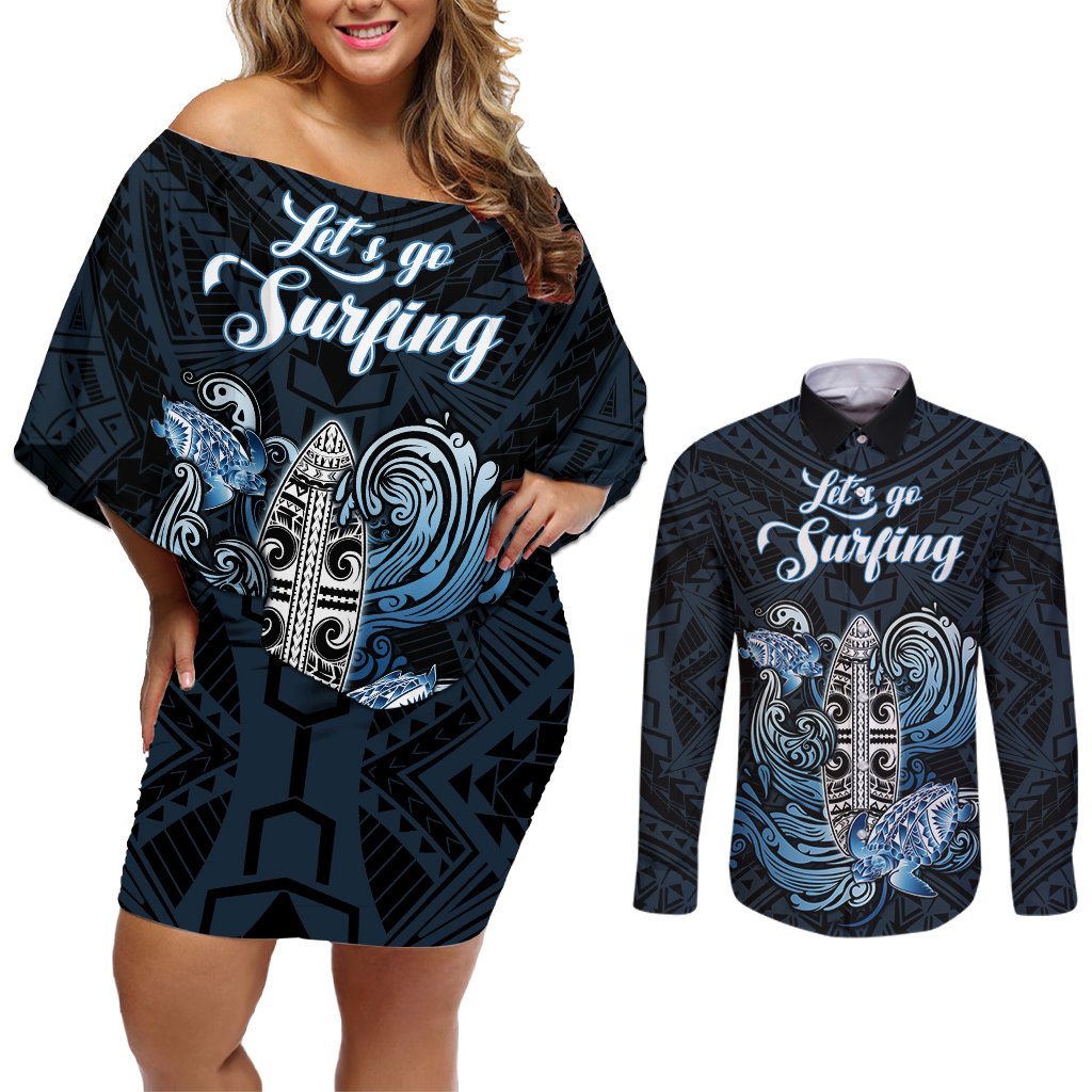 Personalised Polynesia Go Surfing Couples Matching Off Shoulder Short Dress and Long Sleeve Button Shirt The Pacific Wave Of Water LT05 Blue - Polynesian Pride