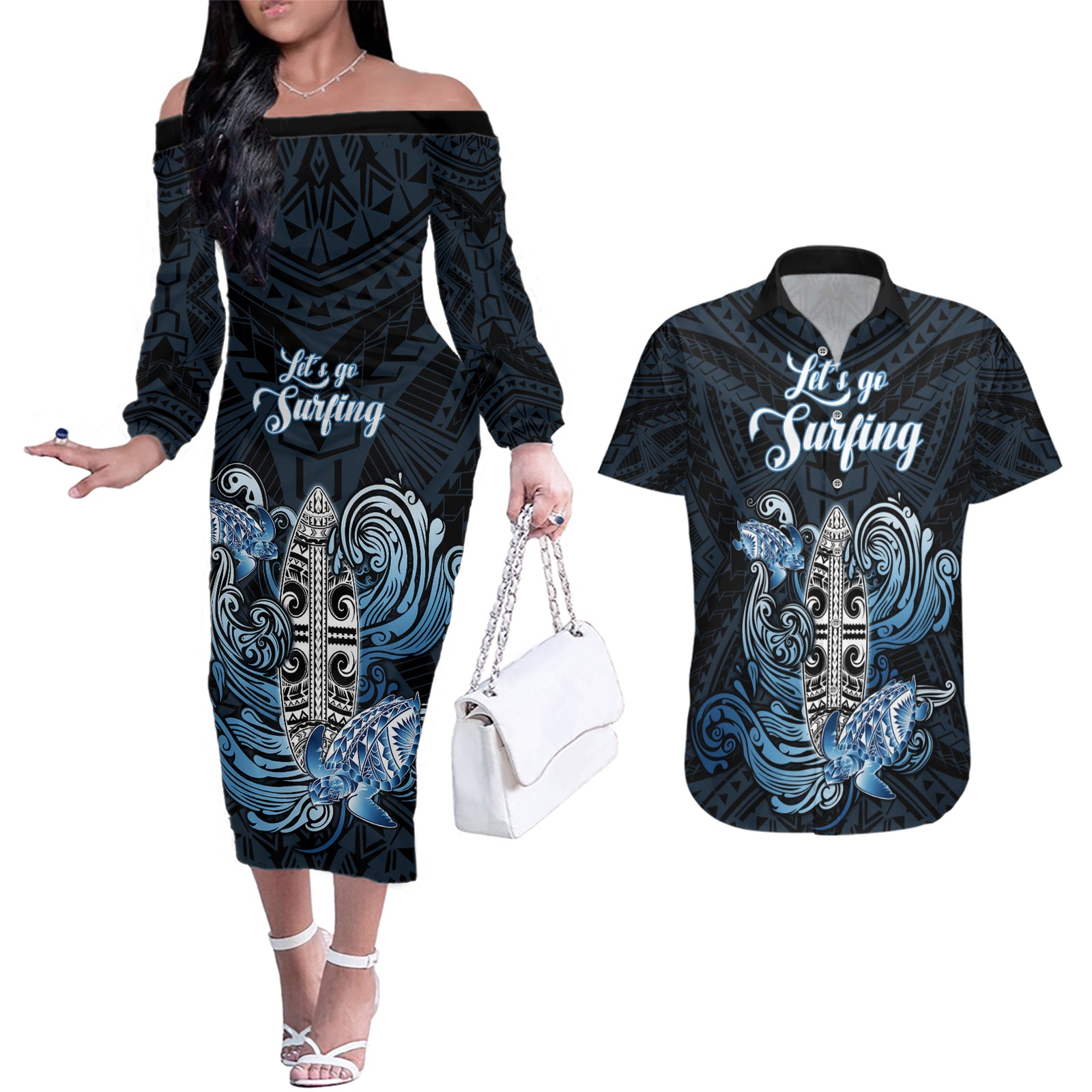 Personalised Polynesia Go Surfing Couples Matching Off The Shoulder Long Sleeve Dress and Hawaiian Shirt The Pacific Wave Of Water LT05 Blue - Polynesian Pride