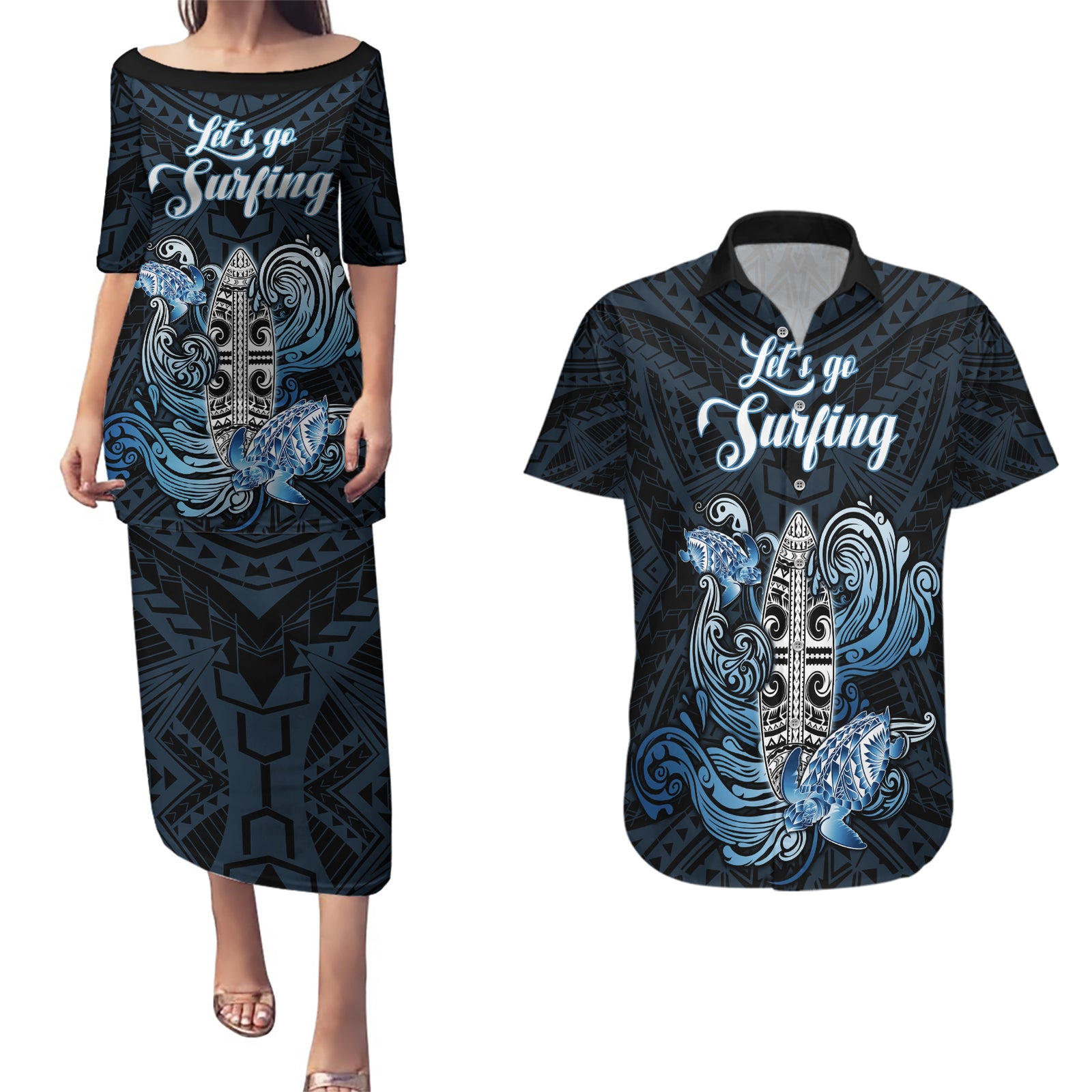 Personalised Polynesia Go Surfing Couples Matching Puletasi Dress and Hawaiian Shirt The Pacific Wave Of Water LT05 Blue - Polynesian Pride