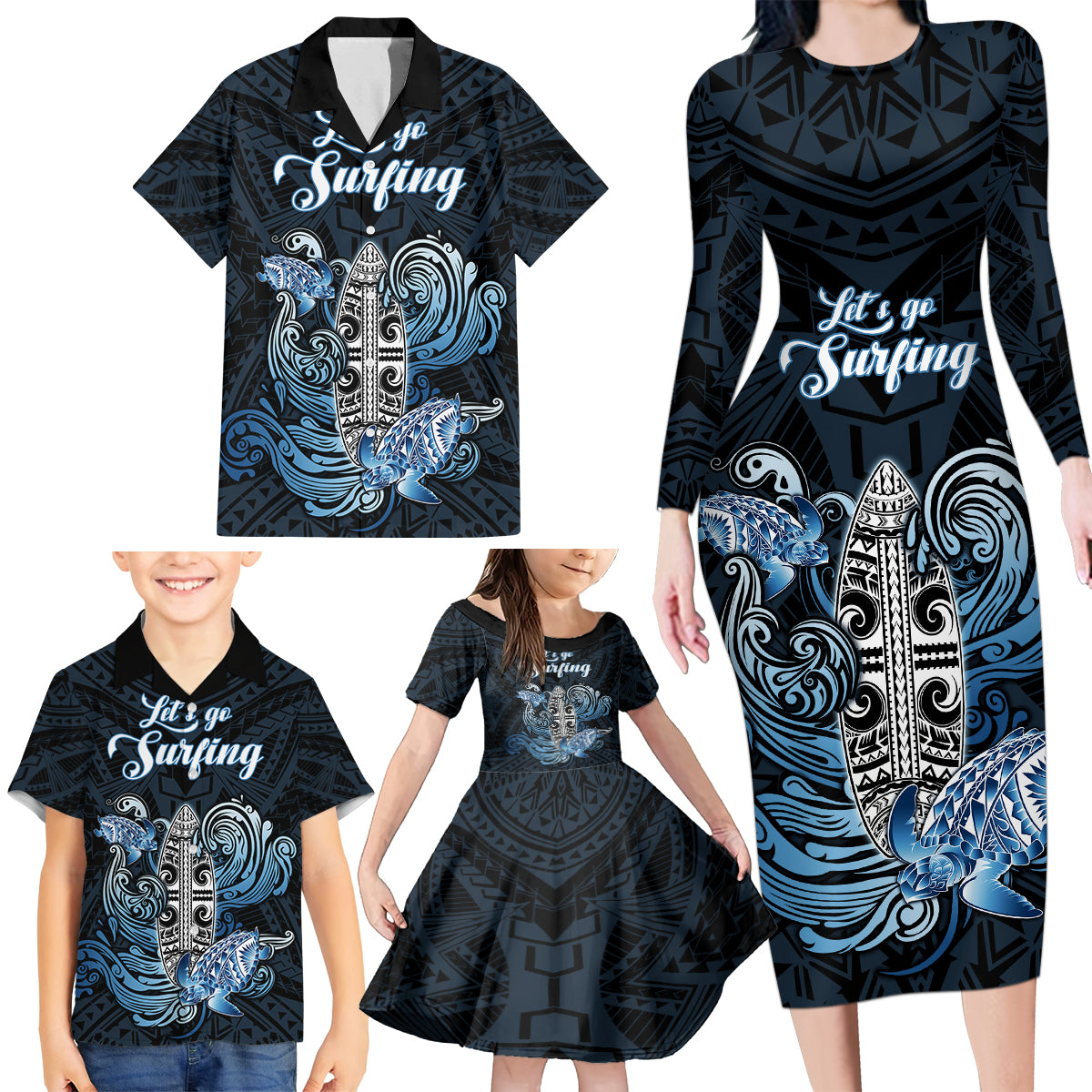 Personalised Polynesia Go Surfing Family Matching Long Sleeve Bodycon Dress and Hawaiian Shirt The Pacific Wave Of Water LT05 - Polynesian Pride