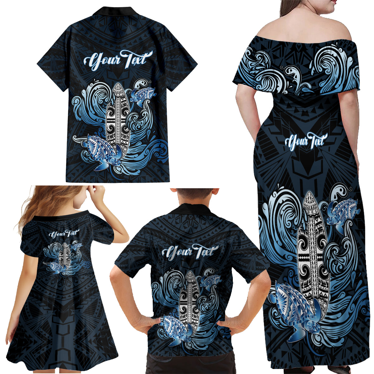Personalised Polynesia Go Surfing Family Matching Off Shoulder Maxi Dress and Hawaiian Shirt The Pacific Wave Of Water LT05 - Polynesian Pride