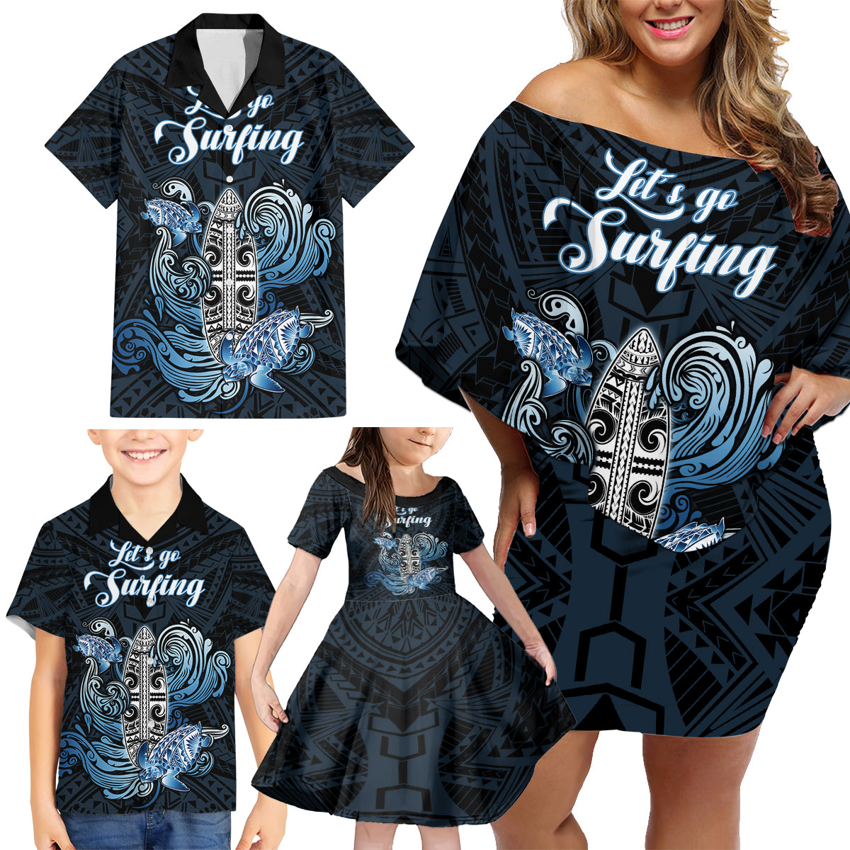 Personalised Polynesia Go Surfing Family Matching Off Shoulder Short Dress and Hawaiian Shirt The Pacific Wave Of Water LT05 - Polynesian Pride