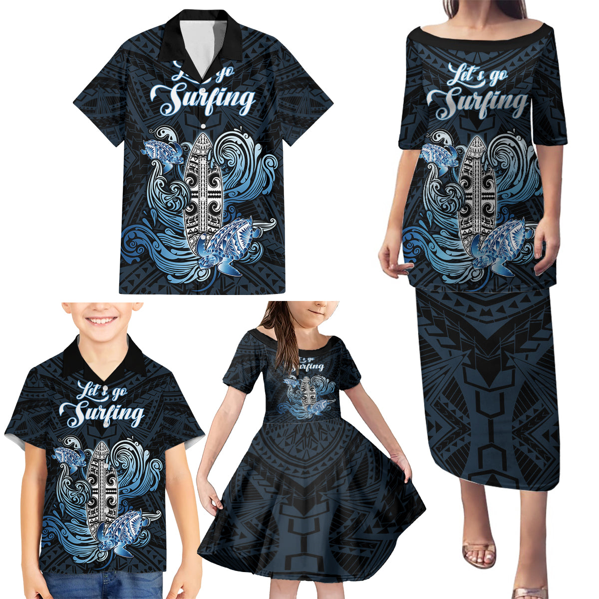 Personalised Polynesia Go Surfing Family Matching Puletasi Dress and Hawaiian Shirt The Pacific Wave Of Water LT05 - Polynesian Pride