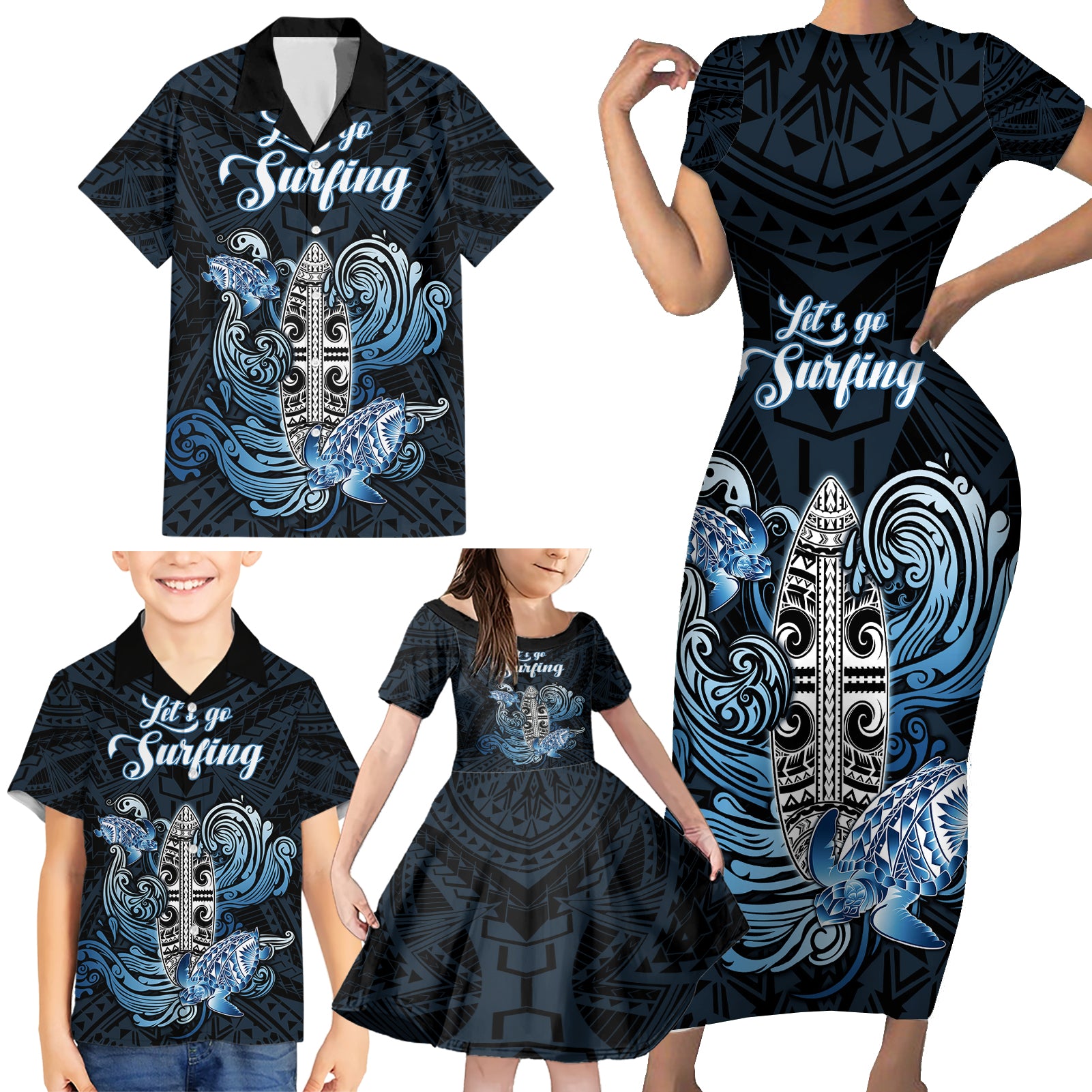 Personalised Polynesia Go Surfing Family Matching Short Sleeve Bodycon Dress and Hawaiian Shirt The Pacific Wave Of Water LT05 - Polynesian Pride