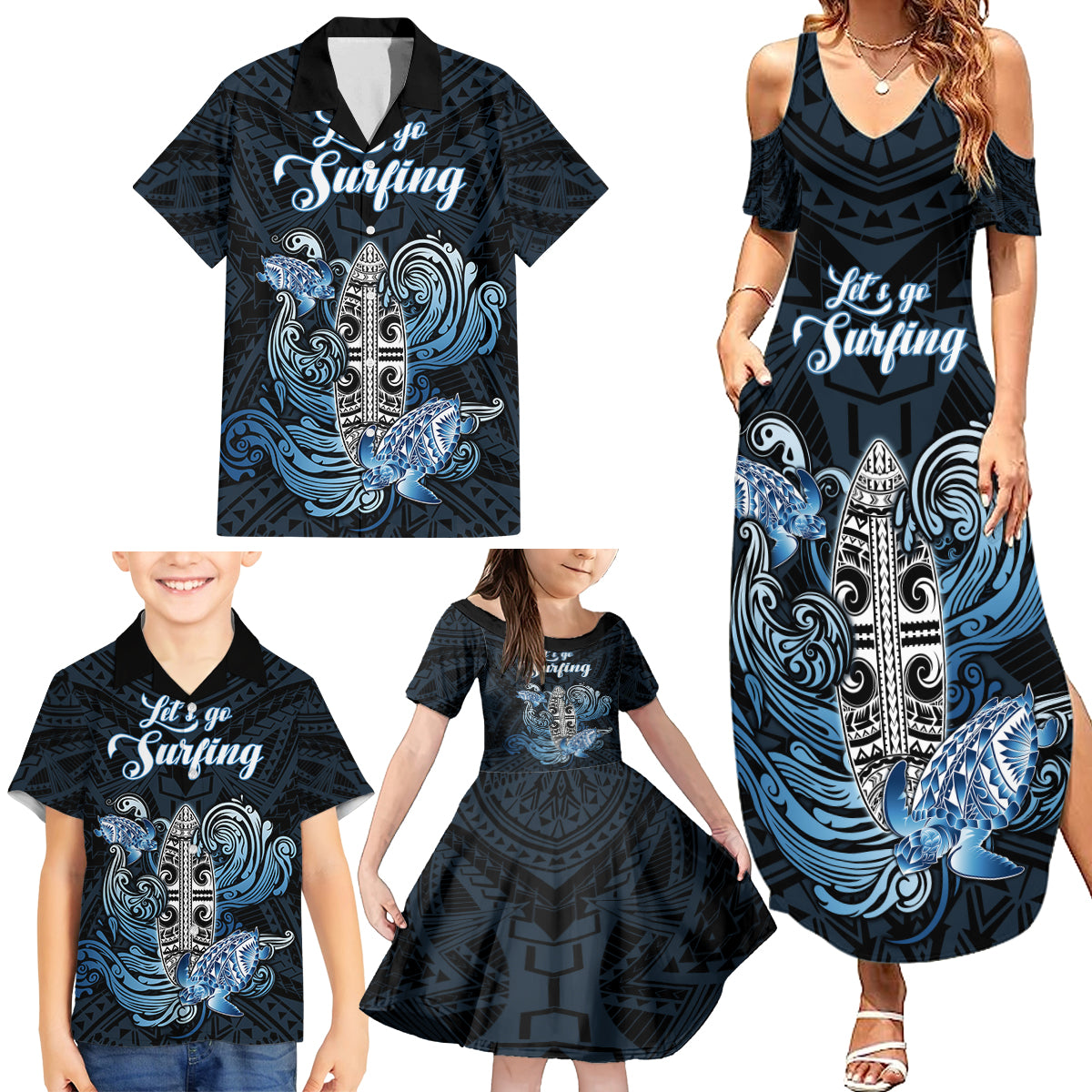 Personalised Polynesia Go Surfing Family Matching Summer Maxi Dress and Hawaiian Shirt The Pacific Wave Of Water LT05 - Polynesian Pride