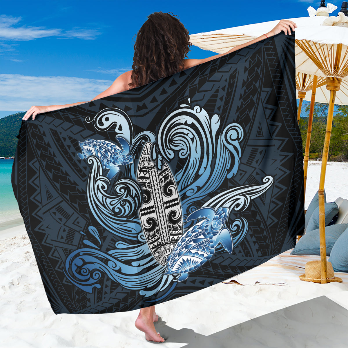 Polynesia Go Surfing Sarong The Pacific Wave Of Water LT05 One Size 44 x 66 inches Blue - Polynesian Pride