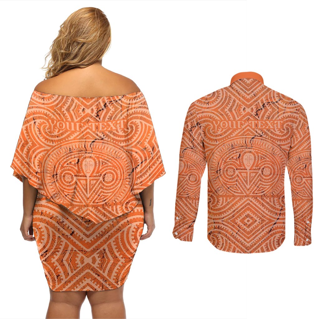 Personalised Lapita Culture Couples Matching Off Shoulder Short Dress and Long Sleeve Button Shirt Iconic Double Face Pattern LT05 - Polynesian Pride