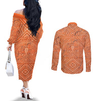 Personalised Lapita Culture Couples Matching Off The Shoulder Long Sleeve Dress and Long Sleeve Button Shirt Iconic Double Face Pattern LT05 - Polynesian Pride