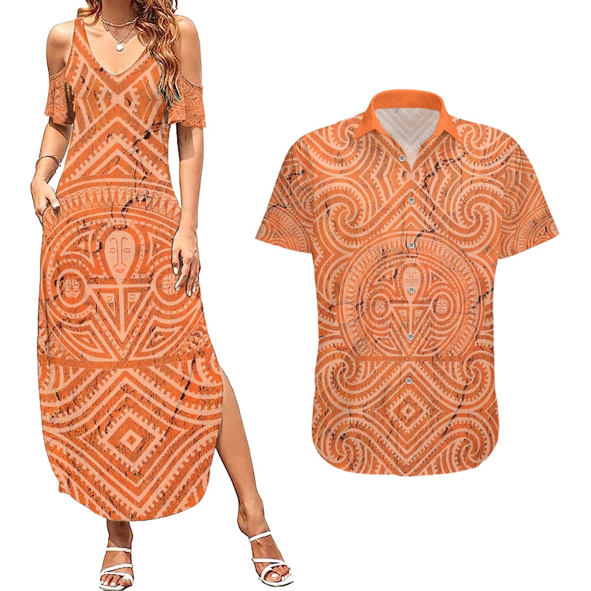 Personalised Lapita Culture Couples Matching Summer Maxi Dress and Hawaiian Shirt Iconic Double Face Pattern LT05 Brown - Polynesian Pride