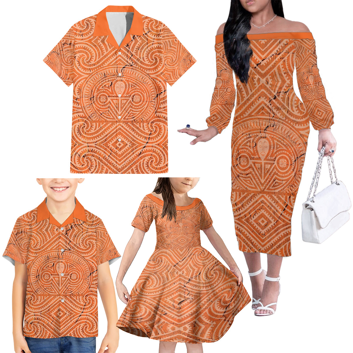 Personalised Lapita Culture Family Matching Off Shoulder Long Sleeve Dress and Hawaiian Shirt Iconic Double Face Pattern LT05 - Polynesian Pride