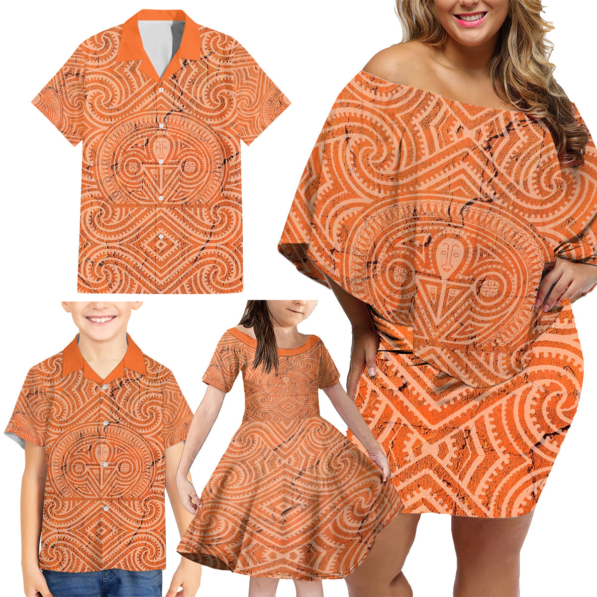 Personalised Lapita Culture Family Matching Off Shoulder Short Dress and Hawaiian Shirt Iconic Double Face Pattern LT05 - Polynesian Pride