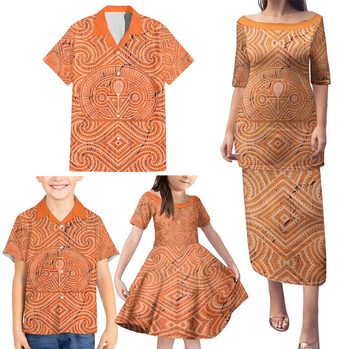 Personalised Lapita Culture Family Matching Puletasi Dress and Hawaiian Shirt Iconic Double Face Pattern LT05 - Polynesian Pride