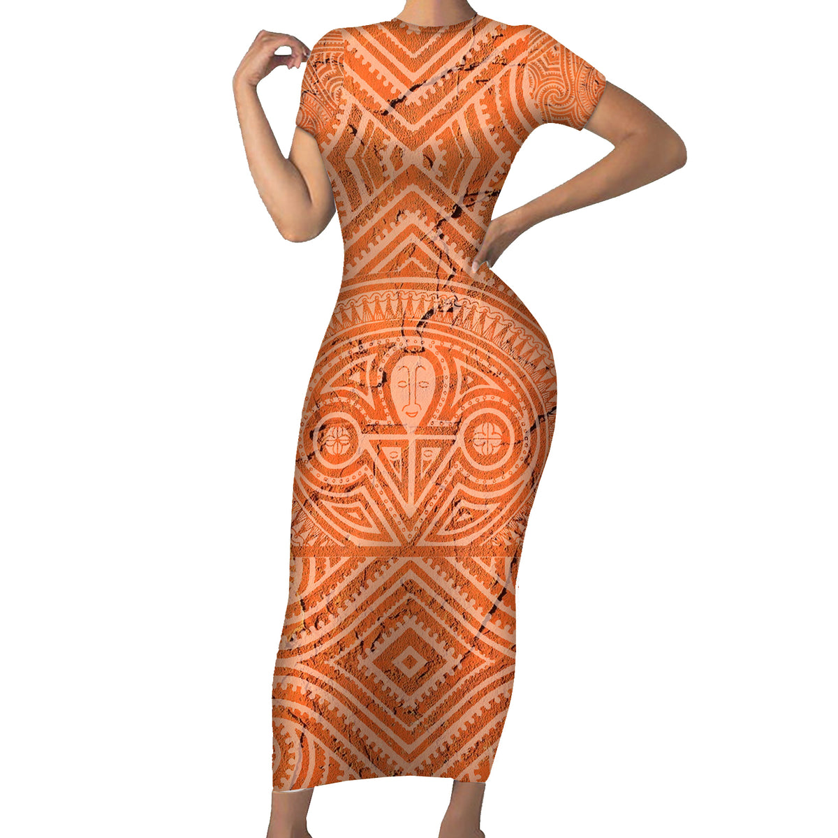 Personalised Lapita Culture Short Sleeve Bodycon Dress Iconic Double Face Pattern LT05 Long Dress Brown - Polynesian Pride